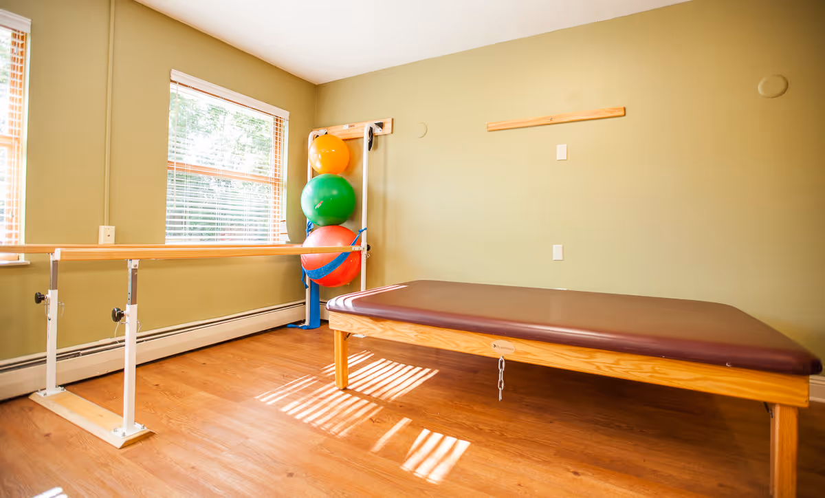 A therapy room with wooden flooring and light green walls featuring a padded therapy table, a set of parallel bars for walking exercises, and three large colorful exercise balls stacked in the corner near two windows with blinds.