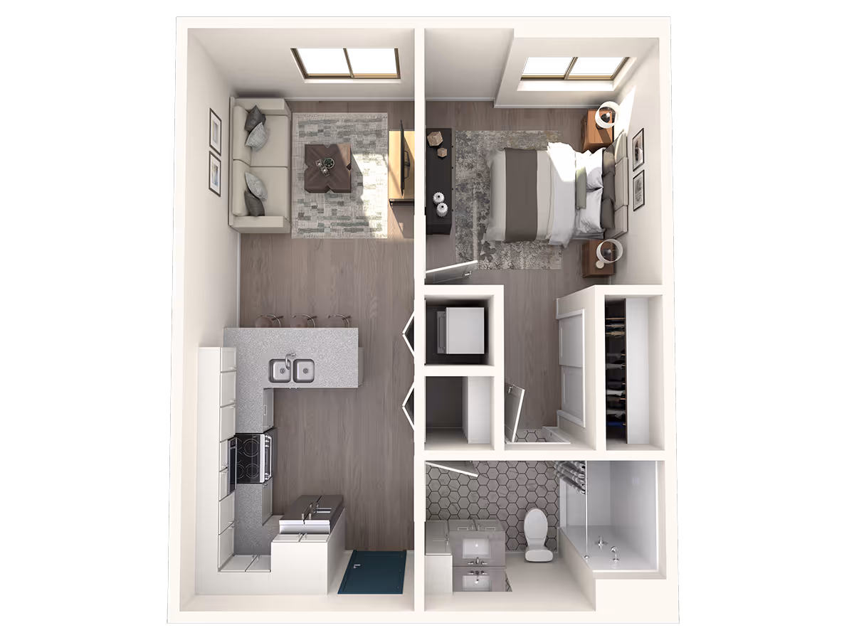 Top-down 3D floor plan rendering of a one-bedroom apartment showing an open kitchen with island, living area, bedroom, bathroom, and closets.