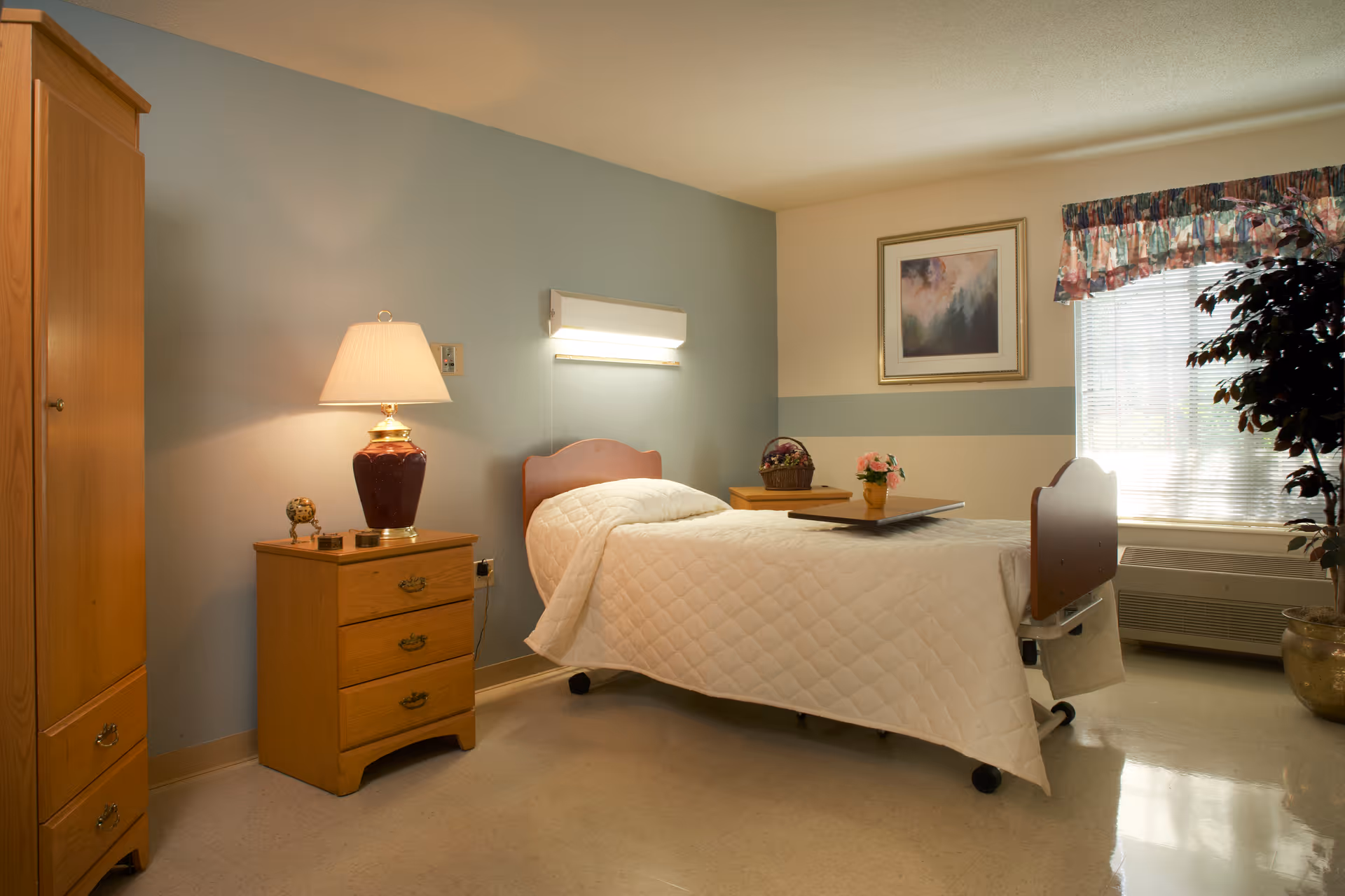 A tidy senior living bedroom with a single bed, bedside table and lamp, wardrobe, window with blinds, and a potted plant.