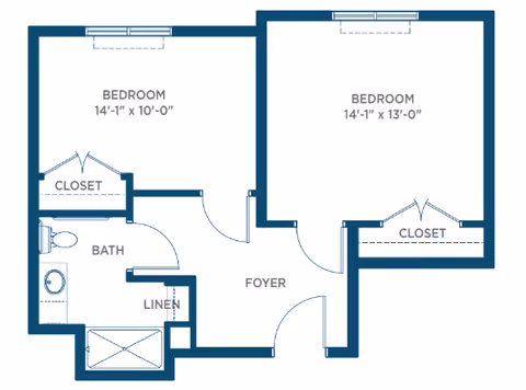 Floor plan of a two-bedroom apartment with a foyer, bathroom, linen closet, and closets in each bedroom. The first bedroom measures 14 feet 1 inch by 10 feet, and the second bedroom measures 14 feet 1 inch by 13 feet.