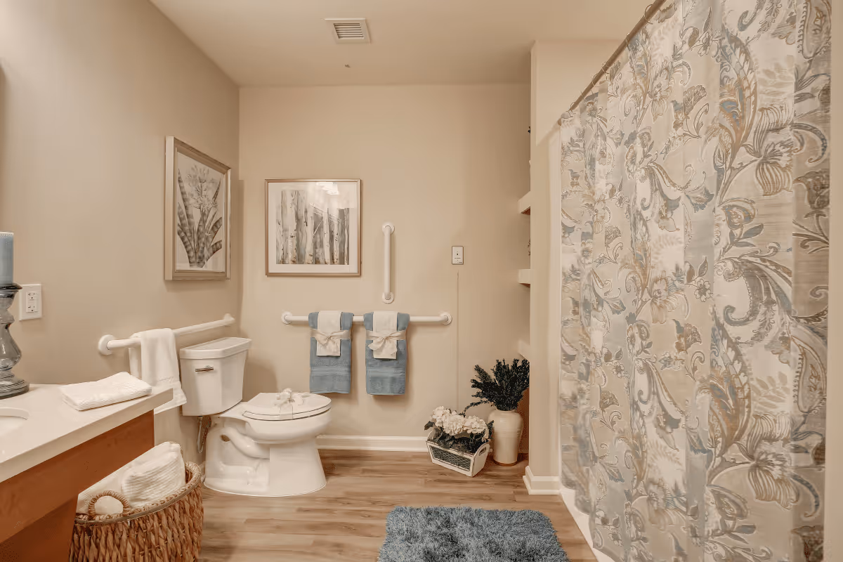 A well-decorated accessible bathroom with a toilet, grab bars, towel racks, sink area, and a patterned shower curtain.