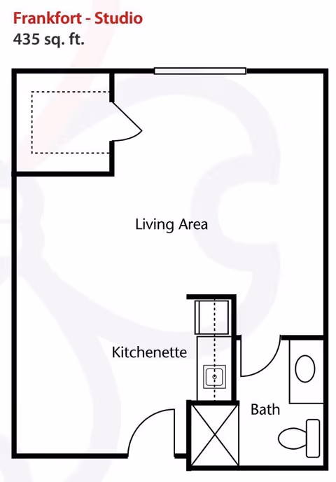 Floor plan of a studio apartment named Frankfort with 435 square feet, showing a living area, kitchenette, and a bathroom with a toilet and sink.