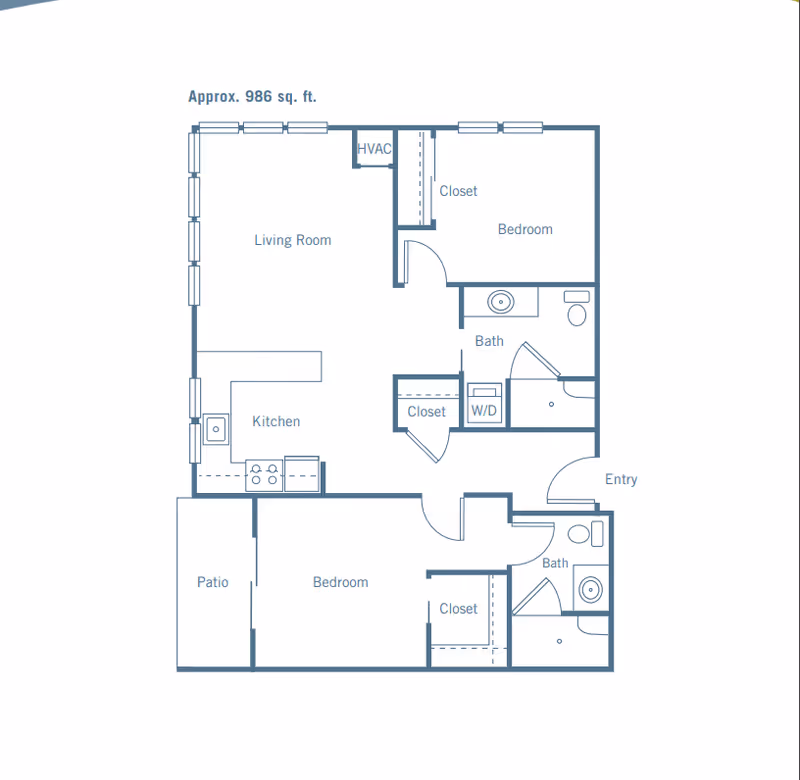 Floor plan of a residential unit approximately 986 square feet, showing two bedrooms, two bathrooms, a living room, kitchen, patio, closets, and an entry area.