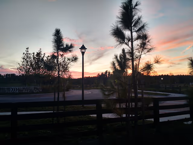 A scenic outdoor view at sunset featuring a street lamp, several tall pine trees, a wooden fence in the foreground, and a curved road with a roundabout in the background under a colorful sky with pink and orange clouds.