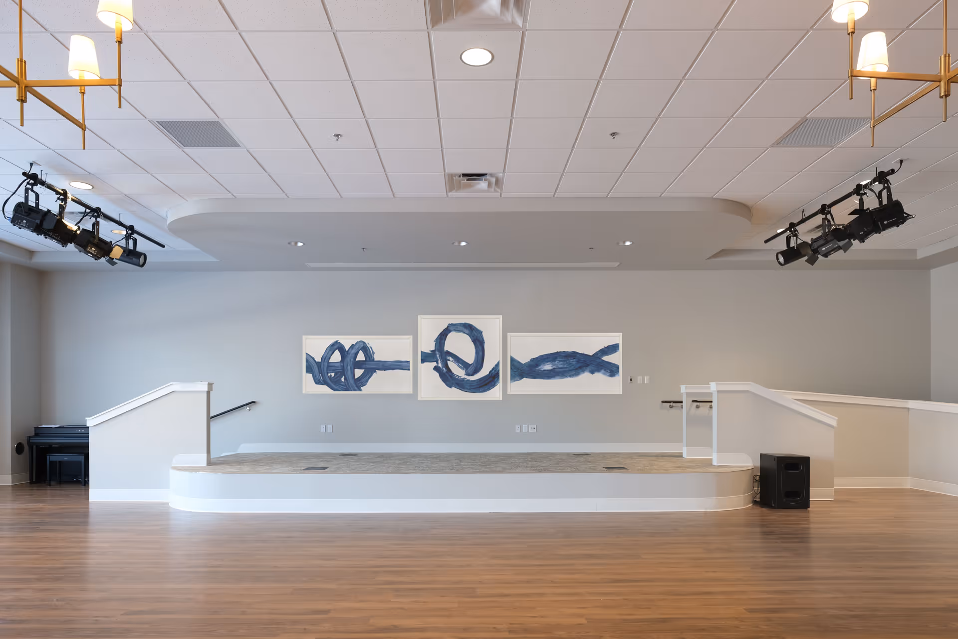 Raised performance stage with three abstract blue paintings on the back wall, overhead stage lights, and wood flooring in a multipurpose room.