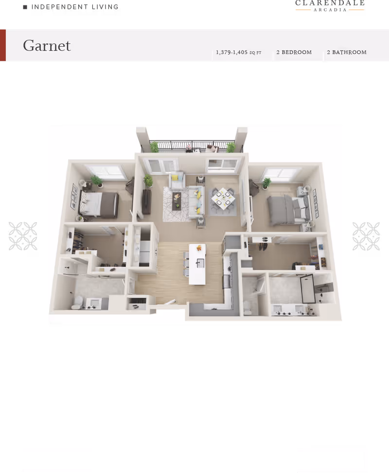 Top-down 3D floor plan of a two-bedroom, two-bath apartment labeled "Garnet" from Clarendale Arcadia.