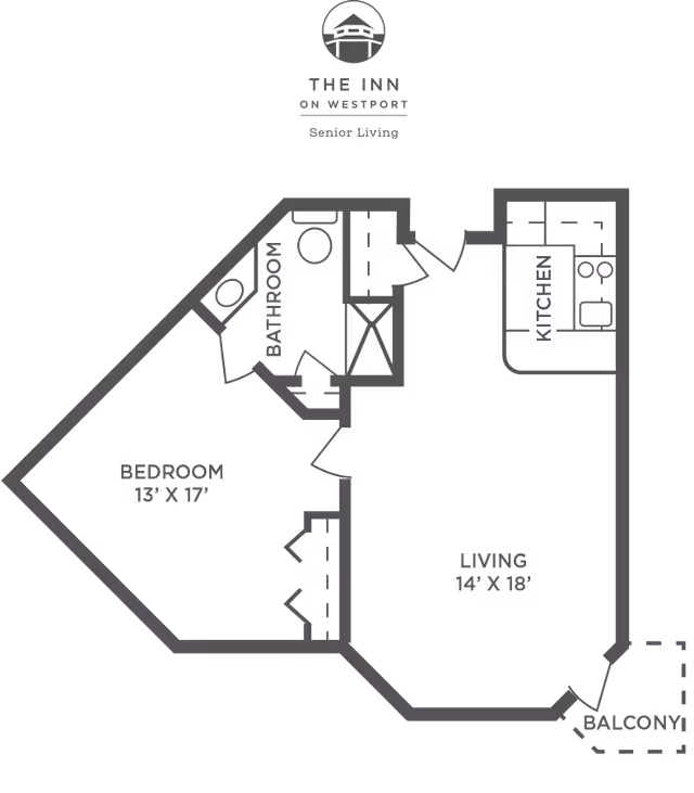 Floor plan of a senior living unit at The Inn on Westport showing a bedroom measuring 13 by 17 feet, a bathroom, a kitchen, a living room measuring 14 by 18 feet, and a balcony.