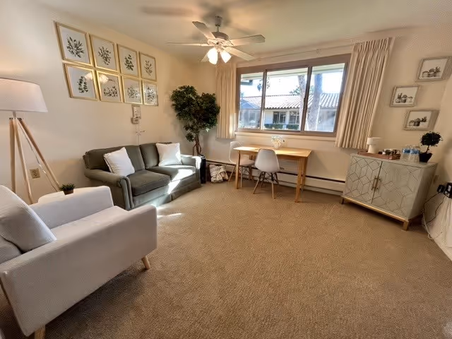 A cozy living room with a gray sofa and a white armchair, a wooden desk with a white chair near a large window, a ceiling fan with lights, a tall floor lamp, a potted plant, framed botanical prints on the wall, and a small cabinet with decorative items.