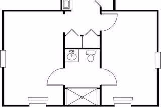 Black and white architectural floor plan of a small living space featuring a central bathroom with a sink and toilet, two rooms on either side, and multiple doors and windows.