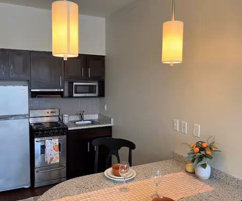 A small kitchen area with dark wood cabinets, a stainless steel refrigerator, stove, and microwave. A granite countertop extends into a breakfast bar with a checkered table runner, two place settings with plates, bowls, and wine glasses, and a small potted plant with orange fruit. Two pendant lights hang from the ceiling above the countertop.
