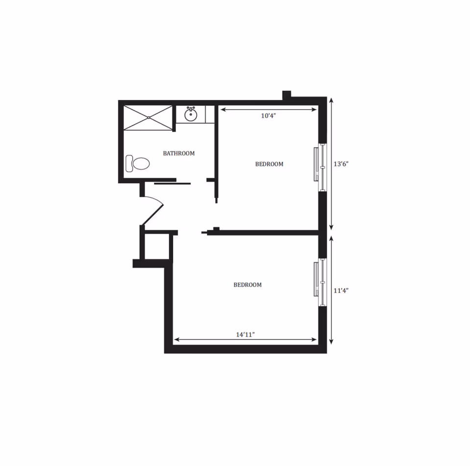 Black-and-white floor plan showing two bedrooms and a bathroom with room dimensions.