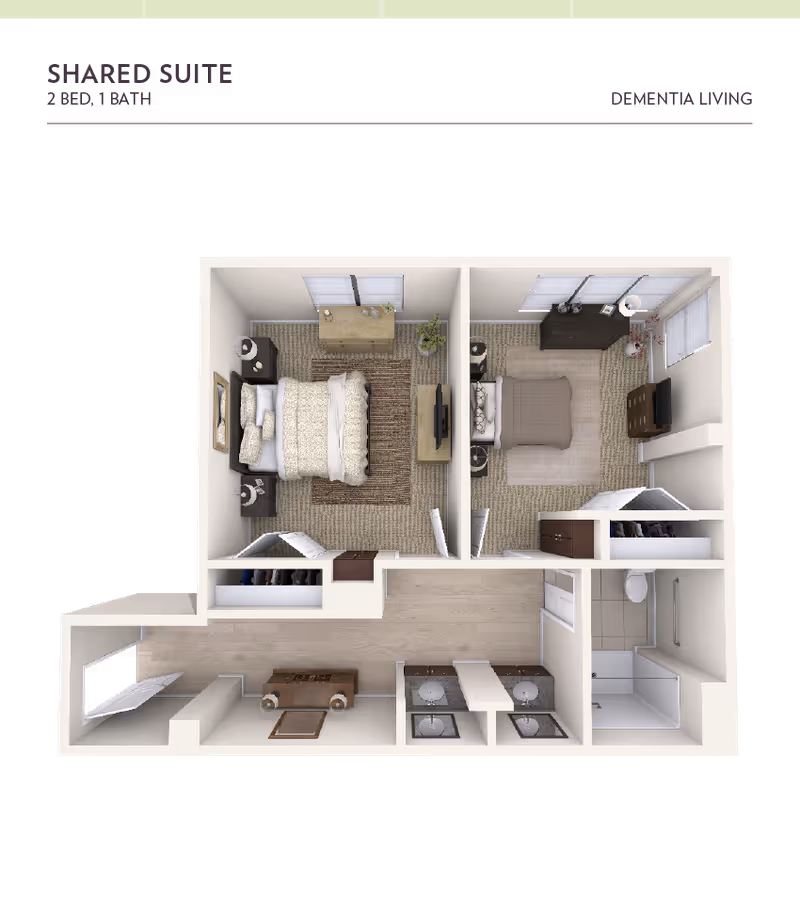3D floor plan of a shared suite for dementia living with 2 bedrooms and 1 bathroom. The layout shows two separate bedrooms, each furnished with a bed, nightstands, dressers, and windows. The suite includes a shared bathroom with a shower, toilet, and double sinks. There is also a small entry area with a bench and coat hooks.