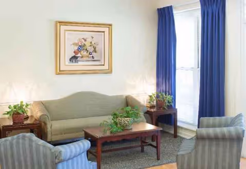 Cozy senior living room with sofa, chairs, plants, framed art, and blue curtains.
