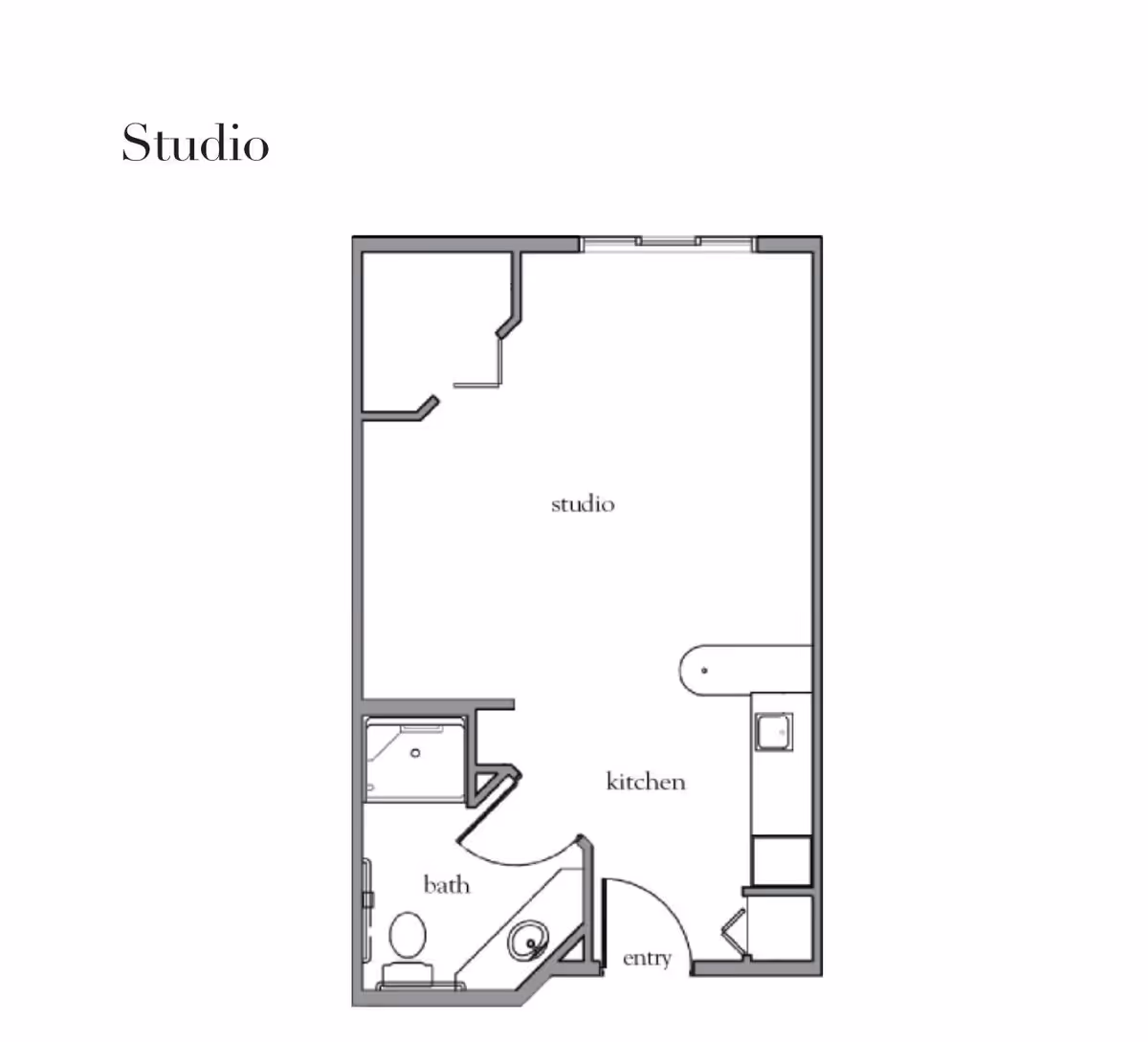 Floor plan layout of a studio apartment featuring an entry area, kitchen, studio living space, and a bathroom with a shower and toilet.
