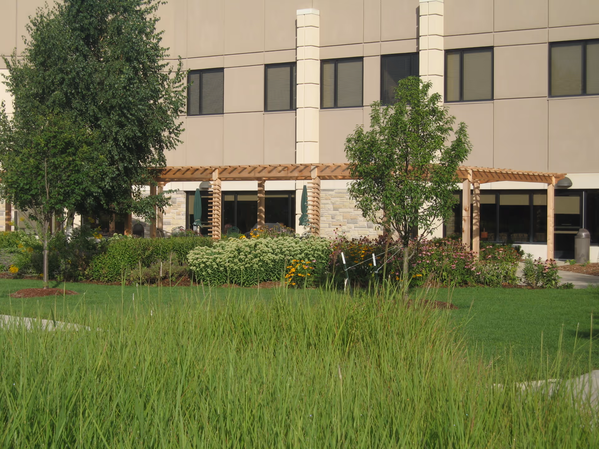 Exterior view of a multi-story care facility with a wooden pergola, flowerbeds, trees and a grassy lawn.