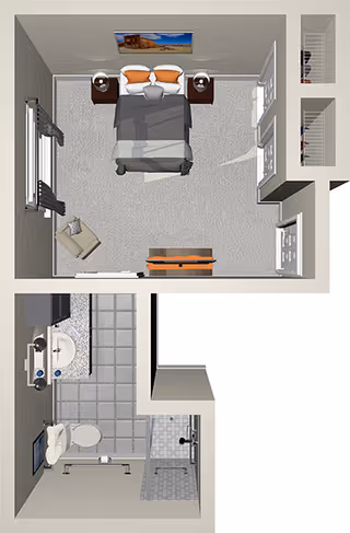 Top-down floor plan of a small senior living unit showing a bedroom area with a bed, nightstands, chair, dresser and closets, plus an adjoining bathroom with sink, toilet and shower.
