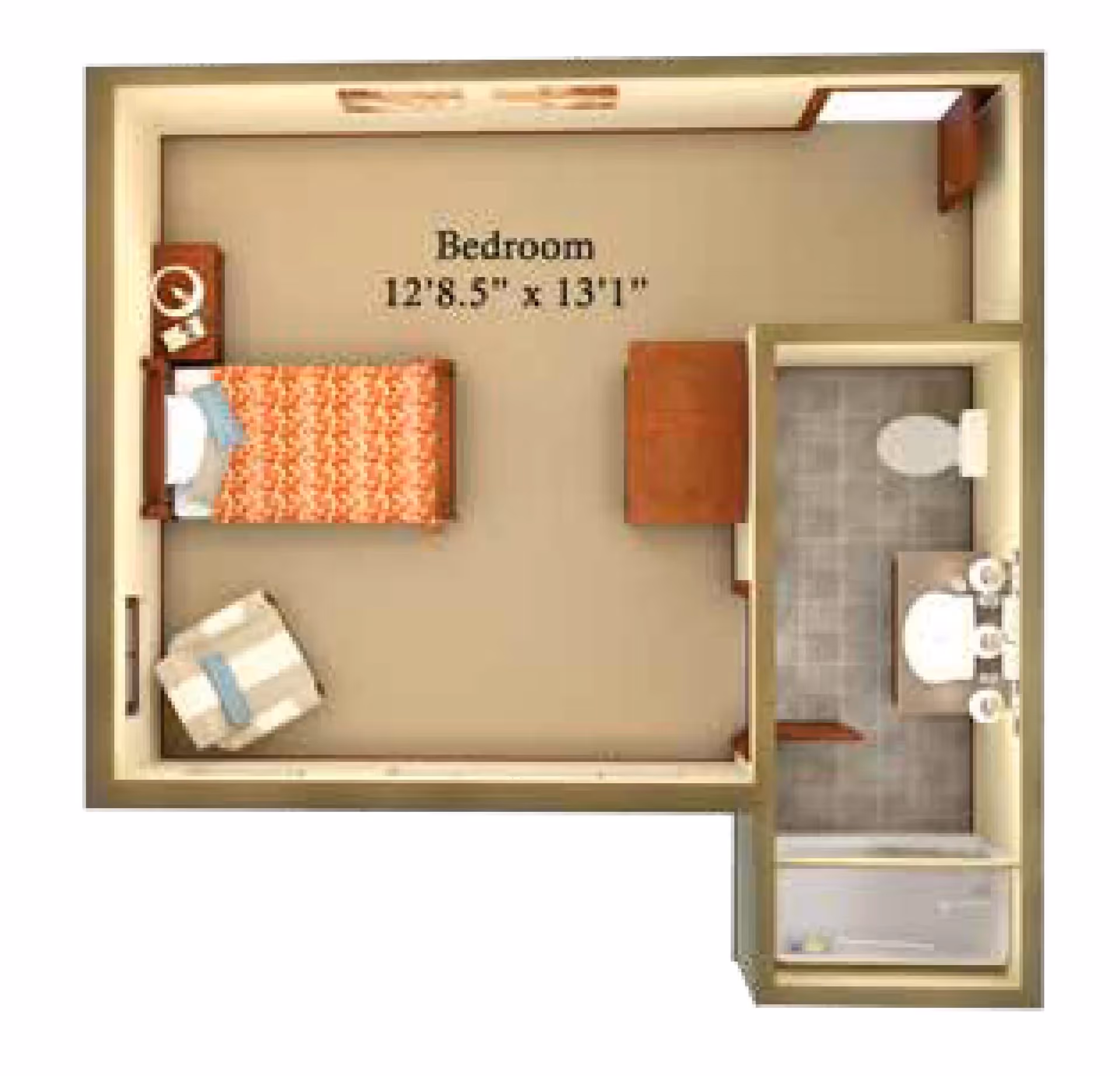 Top-down floor plan of a bedroom (12'8.5\" x 13'1\") showing a bed, dresser, chair and an attached bathroom with sink, toilet and shower.