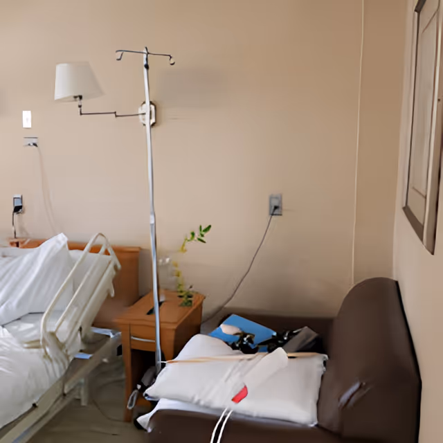 A hospital or care facility room with a hospital bed on the left side, a wooden nightstand with a small plant, an IV pole, and a brown couch with pillows and some medical equipment on it. The walls are beige, and there is a framed picture hanging on the right wall.