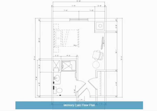 Architectural floor plan of a memory care unit showing a bedroom area with a bed and chair, a bathroom with a toilet, sink, and shower, and entry doors. Dimensions and layout details are included.