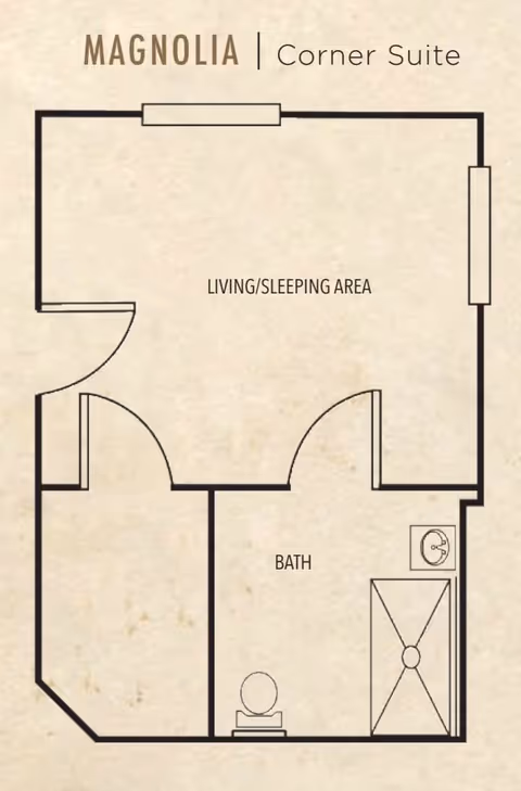 Floor plan labeled Magnolia Corner Suite showing a living/sleeping area and a bath with a toilet, sink, and shower.