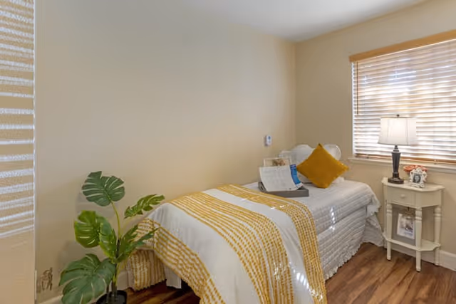 Small bedroom with a single bed dressed in yellow-striped bedding, a potted plant, and a bedside table with a lamp by a window.