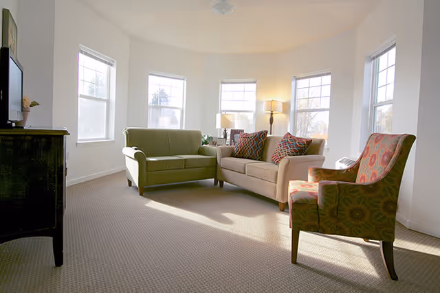 A bright living room with beige carpet and white walls featuring five windows letting in natural light. The room contains a green loveseat, a beige loveseat with patterned throw pillows, a patterned armchair, a wooden TV stand with a television, and two lamps providing additional lighting.