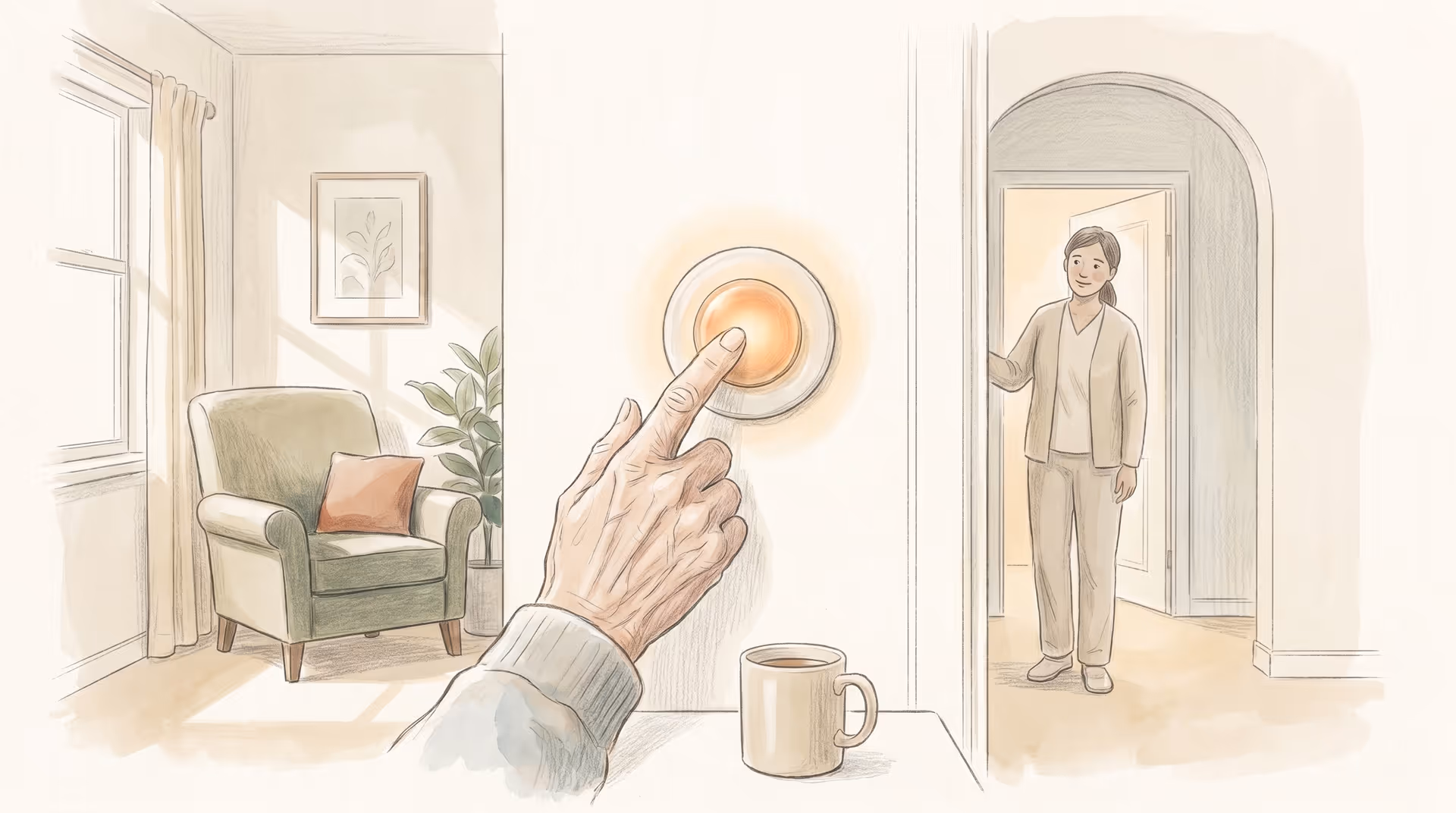 Elderly hand holding emergency call pendant in assisted living facility