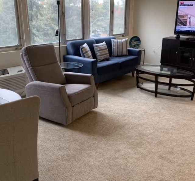Bright living room with a gray recliner, blue loveseat with striped pillows, glass coffee table, and a TV by large windows.