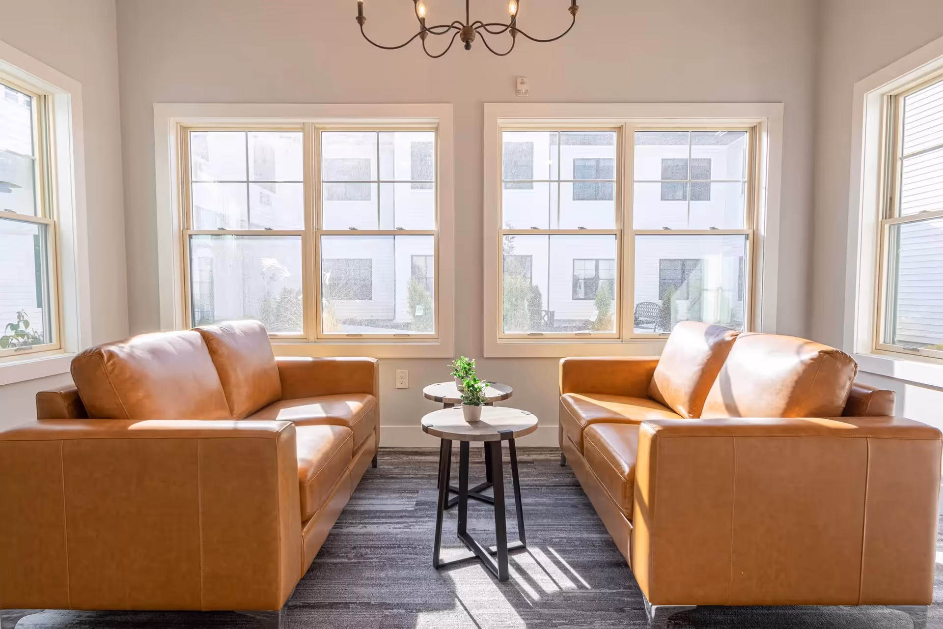 A bright sitting area with two brown leather sofas facing each other, separated by two small round tables with a small potted plant on top. The room has large windows letting in natural light and a chandelier hanging from the ceiling.