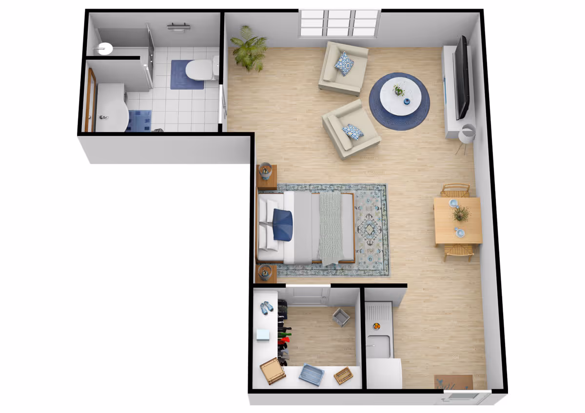 3D floor plan of a small apartment featuring a bedroom with a bed and nightstands, a living area with two armchairs, a round coffee table, a TV on a stand, and a small dining table with two chairs. There is a bathroom with a toilet, sink, and shower, and a small kitchen area with a sink and counter space. The flooring is light wood in the main areas and white tile in the bathroom.