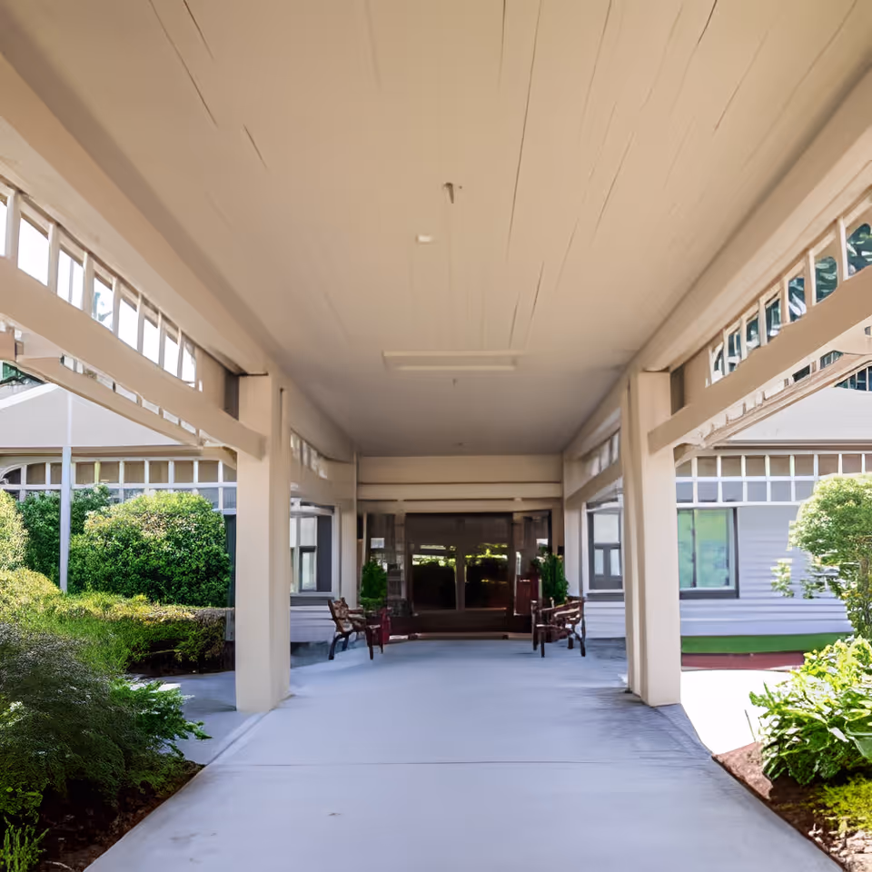 Covered walkway with white ceiling and pillars leading to a building entrance, flanked by green bushes and plants on both sides, with benches near the entrance.