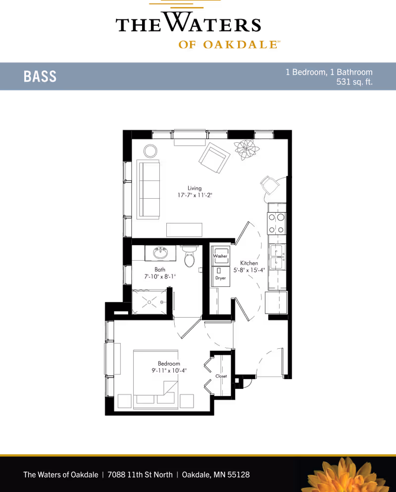 Black graphic floor plan for the one-bedroom, one-bath 'Bass' apartment at The Waters of Oakdale showing labeled rooms and dimensions.