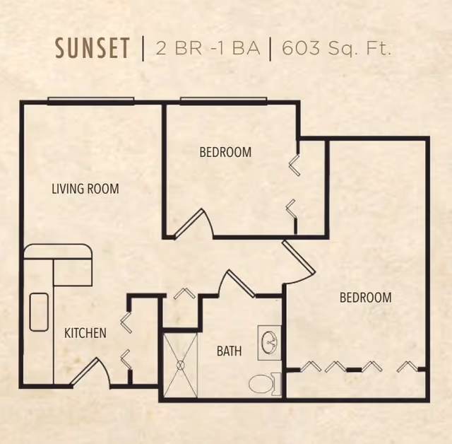 Floor plan of a 2 bedroom, 1 bathroom apartment named Sunset with 603 square feet. The layout includes a living room, kitchen, bathroom, and two bedrooms.