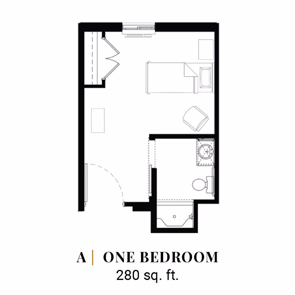 Black-and-white floor plan diagram labeled "One Bedroom 280 sq. ft." showing a small one-bedroom layout with a bed area, closet, bathroom and entry.