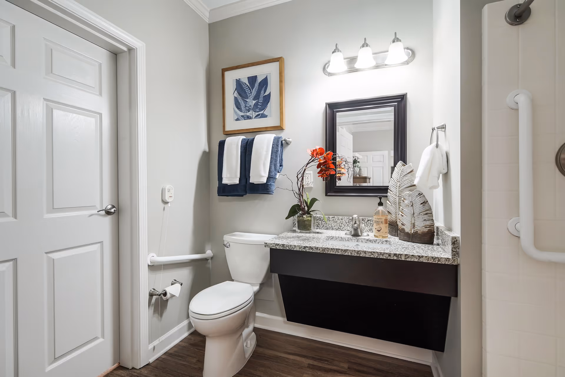 A clean and modern bathroom with a white toilet, a granite countertop with a sink, a black framed mirror above the sink, and a three-light fixture. There are decorative items on the countertop including a plant with red flowers and a leaf sculpture. Two towels hang on a rack above the toilet, and a framed botanical print is on the wall. The bathroom has light-colored walls, wood flooring, and grab bars near the toilet and shower area.
