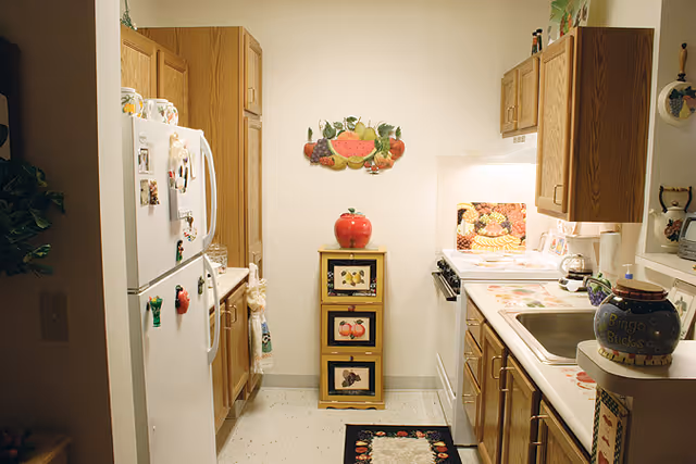 Small galley kitchen with wooden cabinets, white appliances, fruit-themed decorations and a decorative rug.