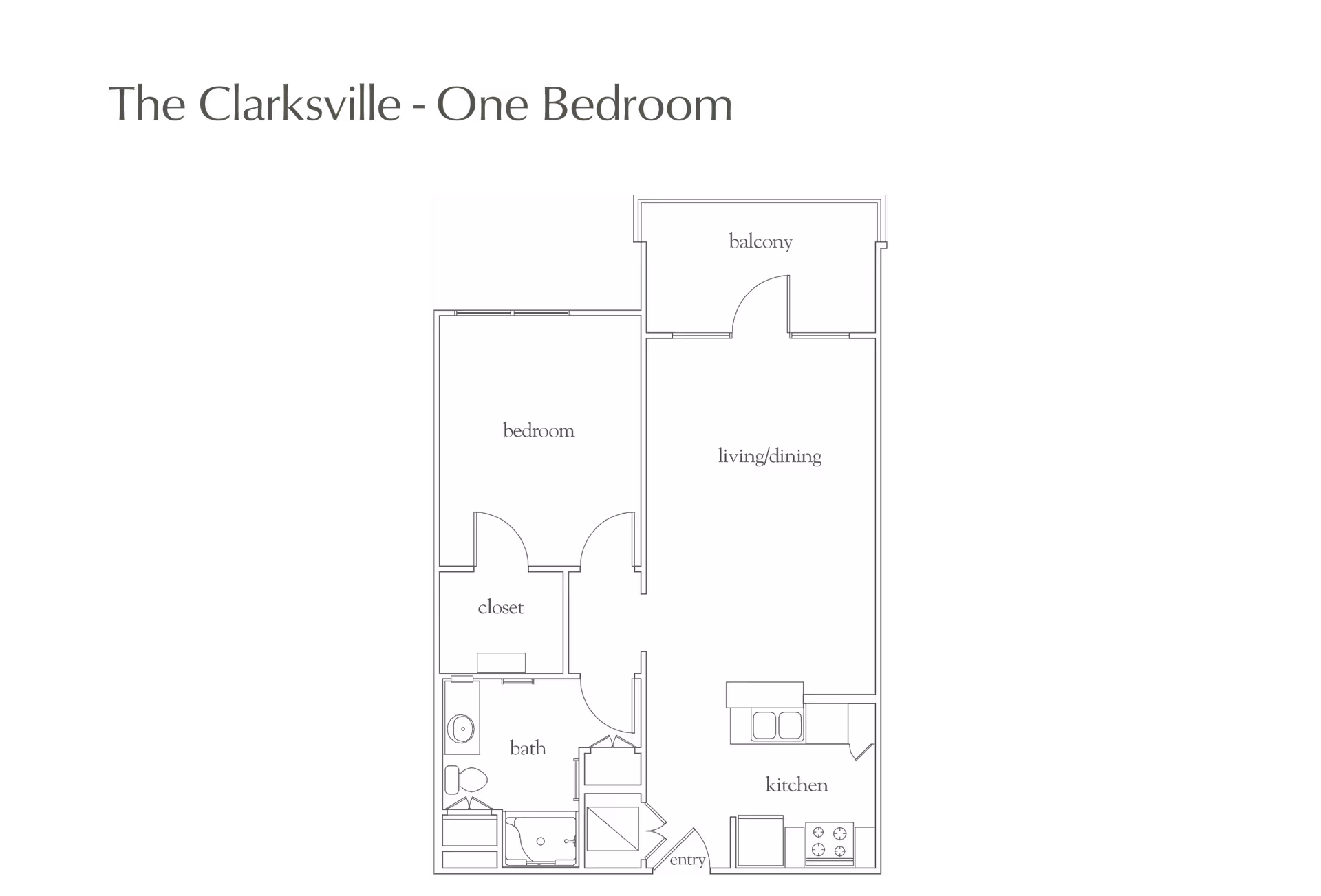 Floor plan titled 'The Clarksville - One Bedroom' showing a one-bedroom apartment layout with bedroom, closet, bath, kitchen, living/dining area, entry, and balcony.