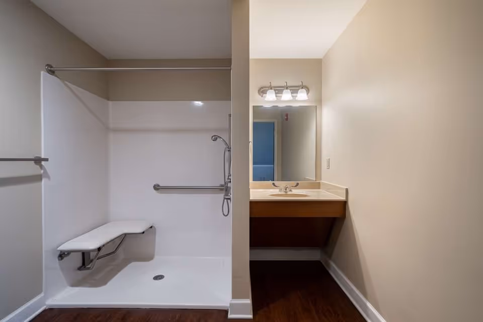 Accessible bathroom showing a walk-in shower with a folding bench and grab bars, and a sink vanity with mirror and lights.