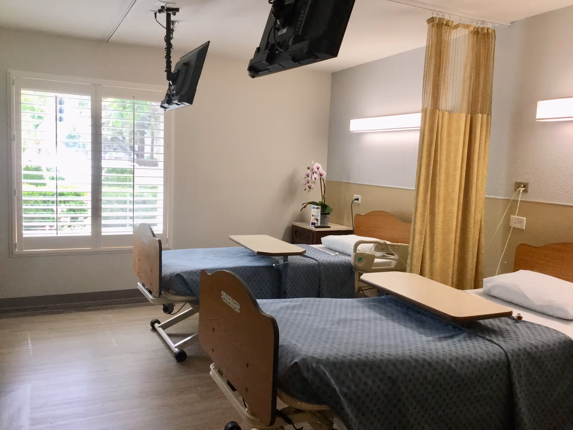 A room with two hospital-style beds with blue bedding, each equipped with an overbed table. There is a yellow privacy curtain between the beds, a window with white shutters letting in natural light, and two wall-mounted televisions above the beds. A small table with a potted orchid and informational pamphlets is visible in the corner.