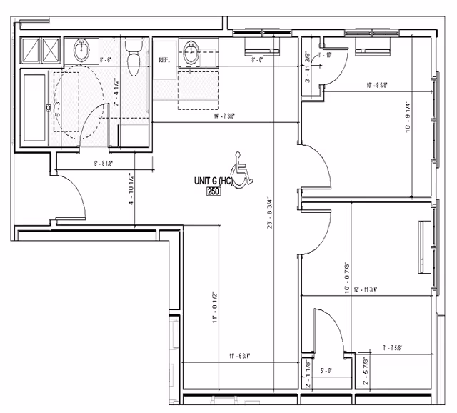 Architectural floor plan of Unit G (HC) 250 at Brickmont at Johns Creek, showing layout with bathroom, kitchen area, living space, and multiple rooms with detailed measurements.