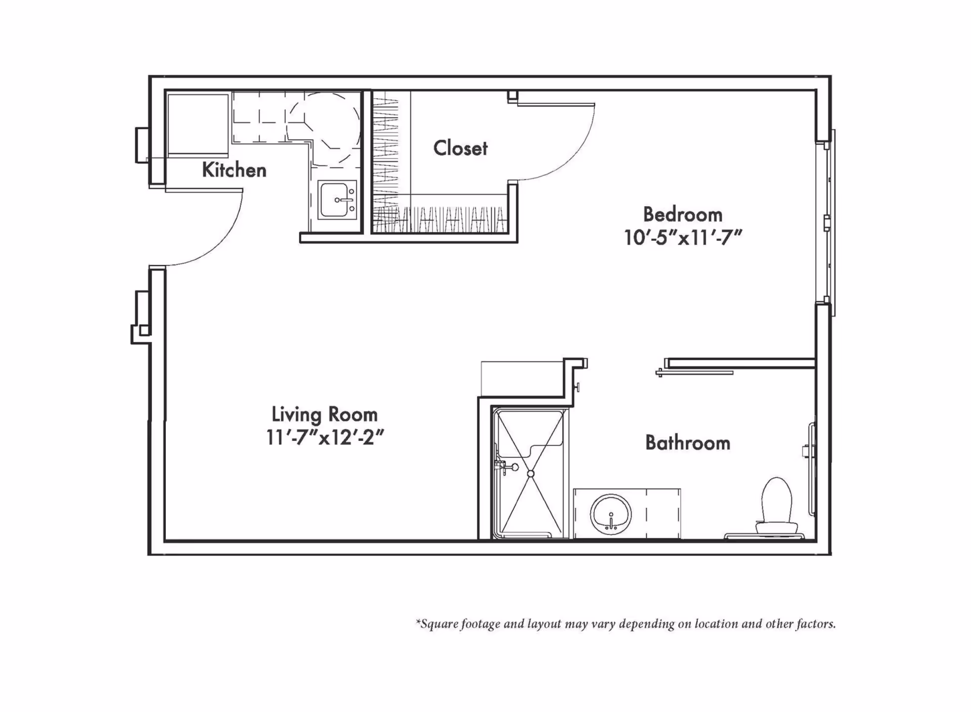 Black-and-white floor plan of a one-bedroom apartment showing labeled kitchen, living room, bedroom, closet, and bathroom.