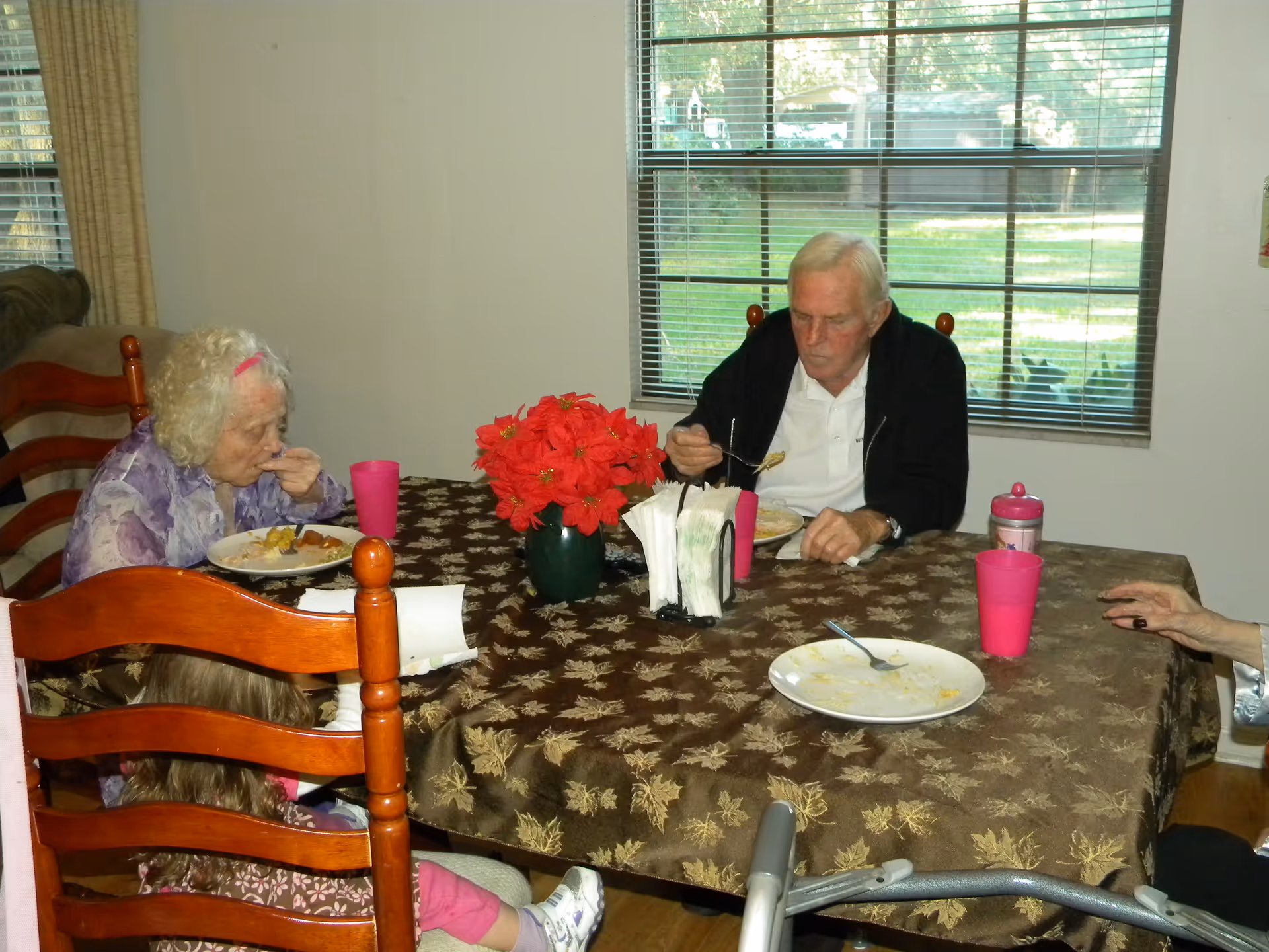 An elderly man and woman sitting at a dining table eating a meal. The table is covered with a brown tablecloth with leaf patterns and has a vase with red flowers, napkins, and pink cups. A young child is partially visible sitting at the table. There is a window with blinds in the background showing a green outdoor area.