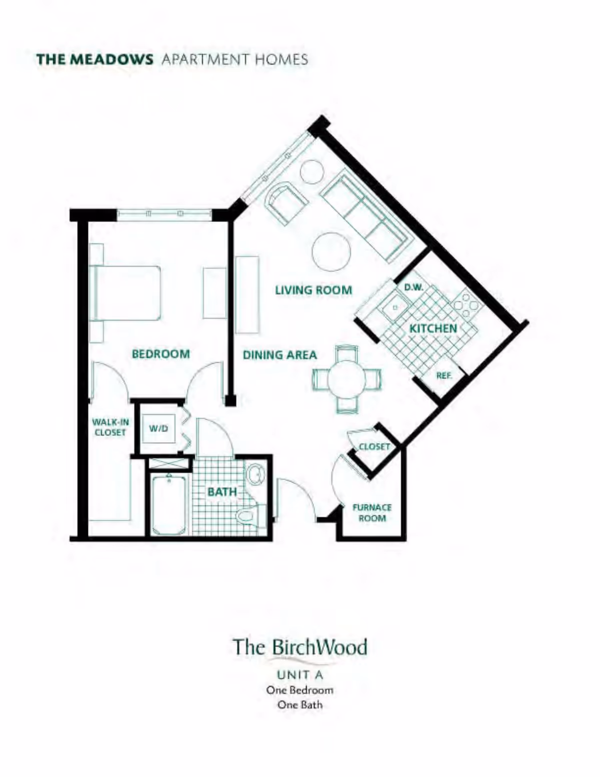 Black-and-white floor plan of a one-bedroom, one-bath apartment labeled The BirchWood showing bedroom, living room, dining area, kitchen, bath and closets.