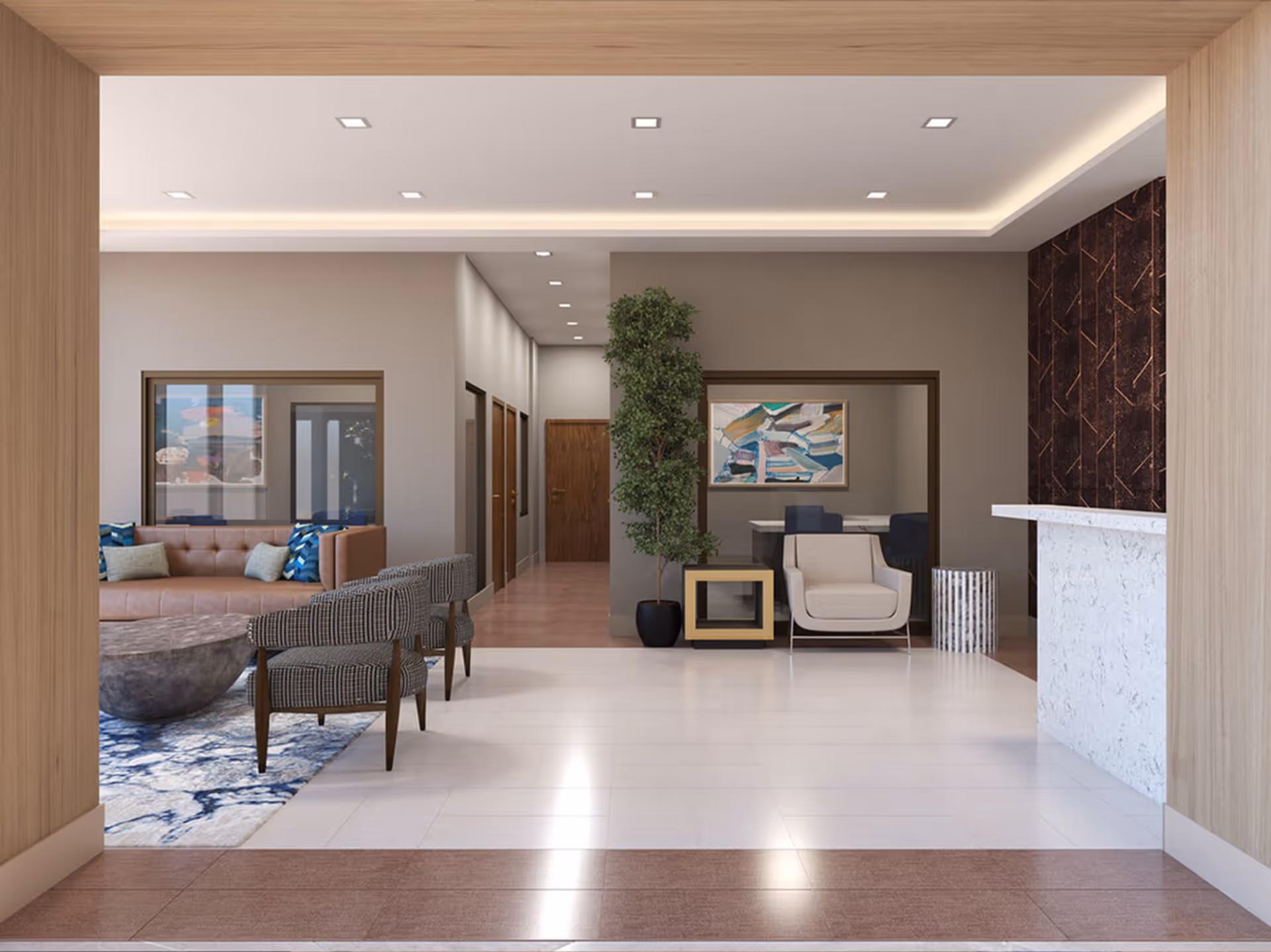 A modern and spacious interior common area with a seating arrangement including a brown leather sofa, two patterned chairs, a beige armchair, a large potted plant, and a marble reception desk with a dark textured wall behind it. The floor is tiled with a combination of white and brown tiles, and there is a hallway with wooden doors in the background.