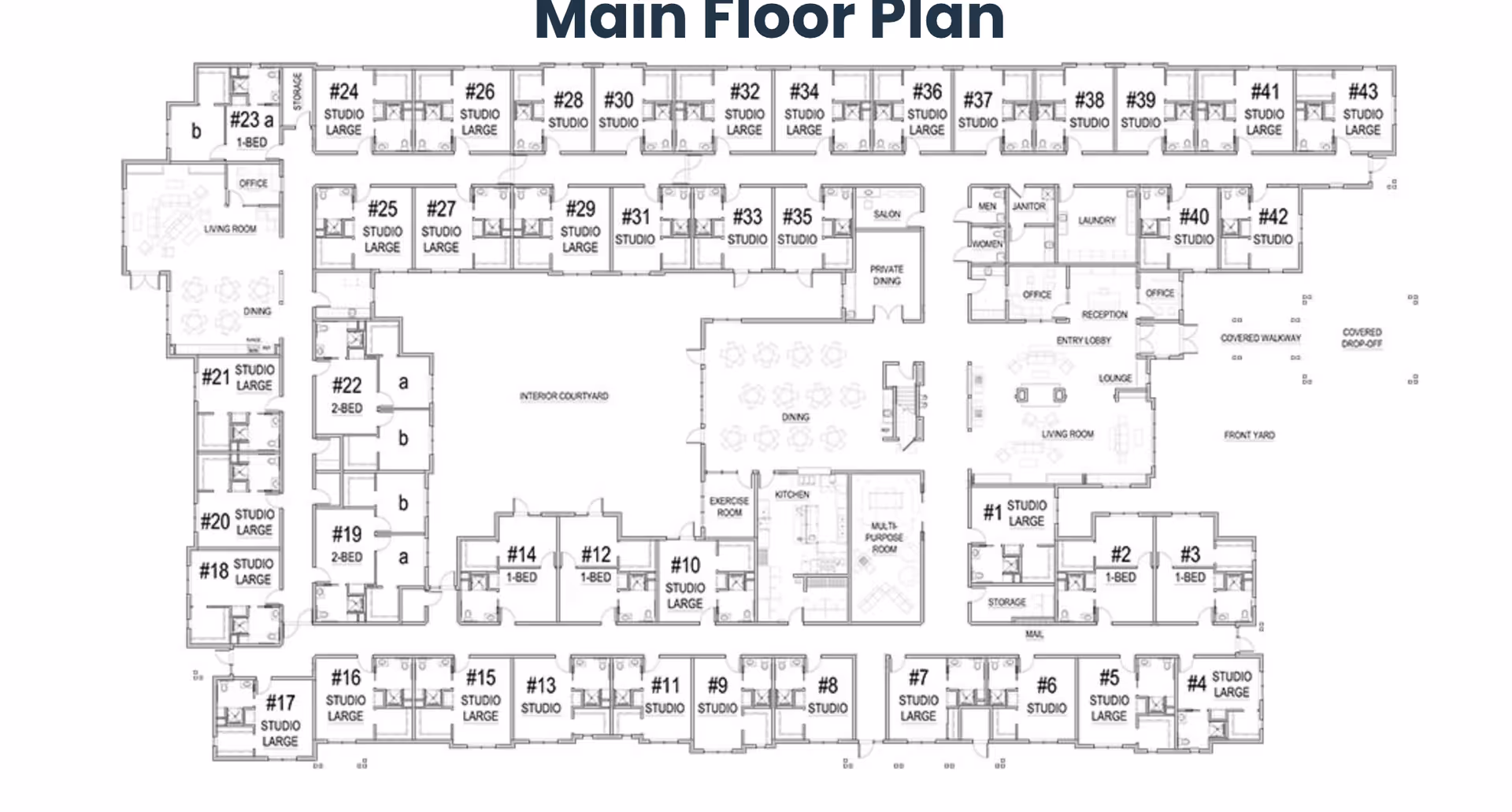 Black-and-white architectural main floor plan showing numbered studio and one-bedroom units arranged around an interior courtyard with labeled common areas such as dining, living room, reception, and kitchen.