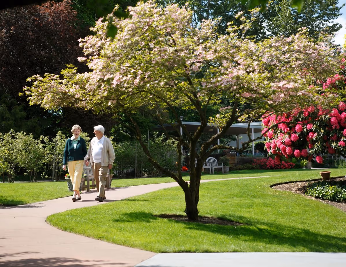 An elderly couple walking hand in hand along a curved pathway in a lush garden with green grass, blooming pink and red flowers, and trees under a sunny sky.