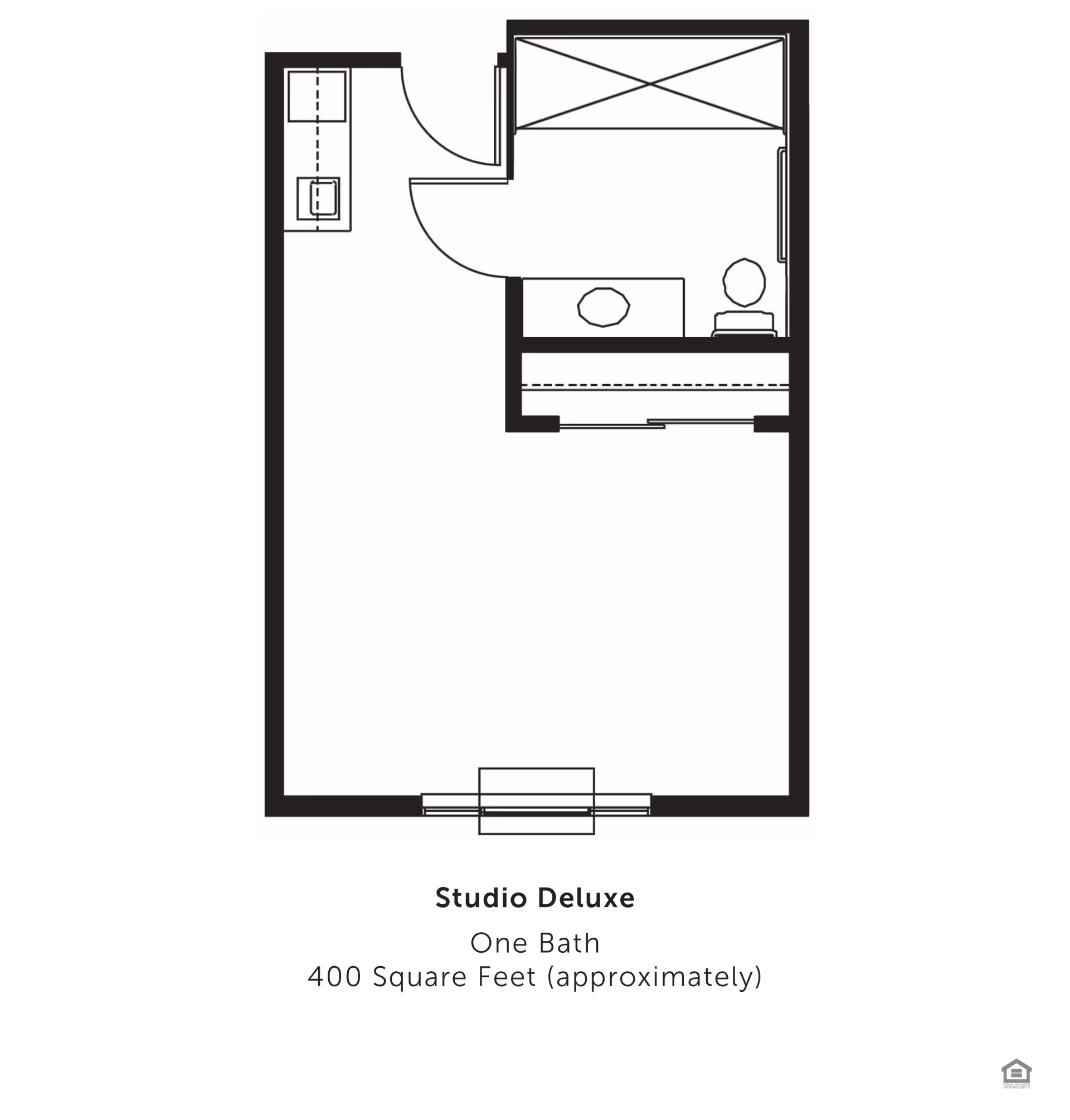 Floor plan of a Studio Deluxe apartment with one bathroom, approximately 400 square feet. The layout shows an entry door leading to a small kitchenette area, a bathroom with a toilet and sink, and a main living/sleeping area.