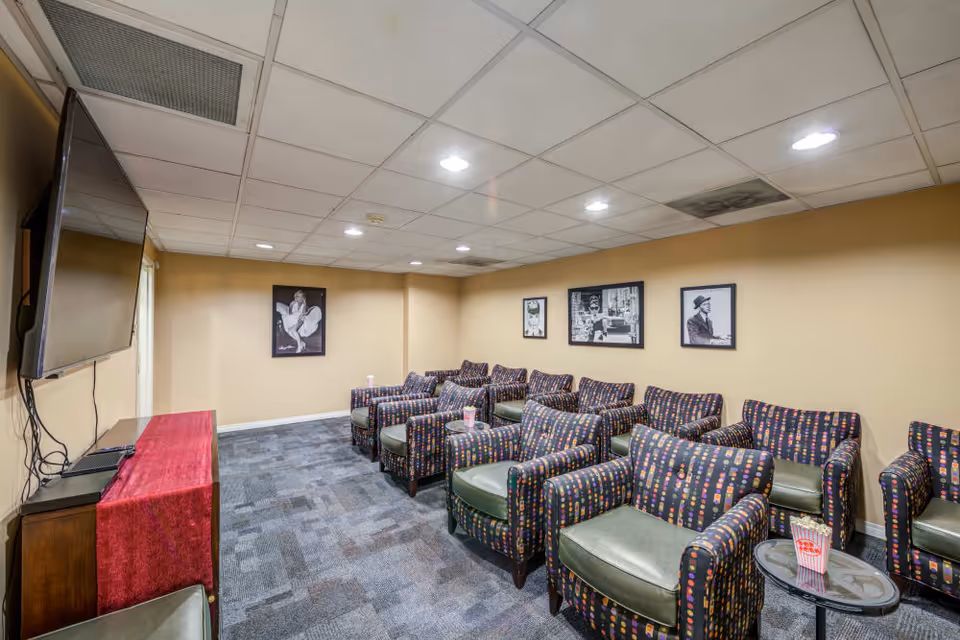 Small screening room with multiple patterned armchairs facing a wall-mounted TV and framed black-and-white photos on the wall.