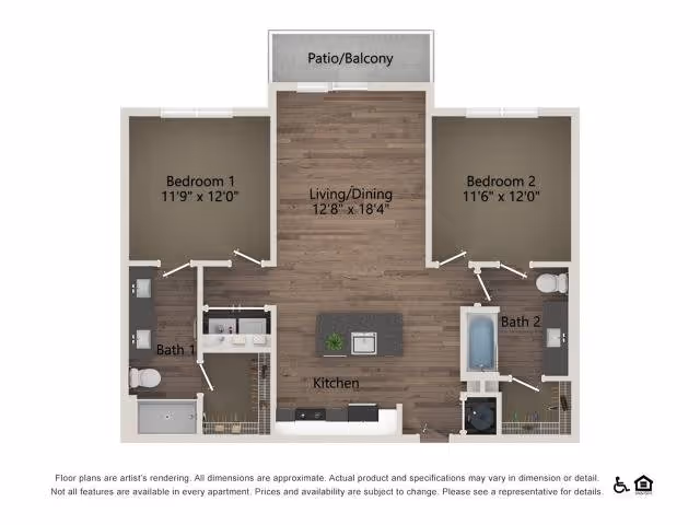 Two-bedroom, two-bath apartment floor plan with a central living/dining area, kitchen island, and a patio/balcony.