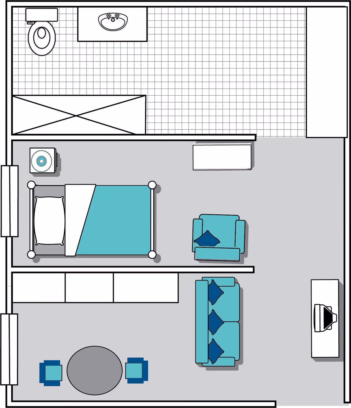 Floor plan of a living space with a bedroom area containing a bed and nightstand, a bathroom with a toilet and sink, and a living room area with a sofa, armchair, coffee table, and TV stand with a television.